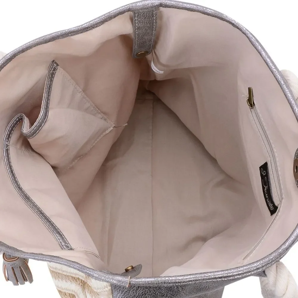 J FRANCIS Tote Bag Silver and Ivory Faux Leather